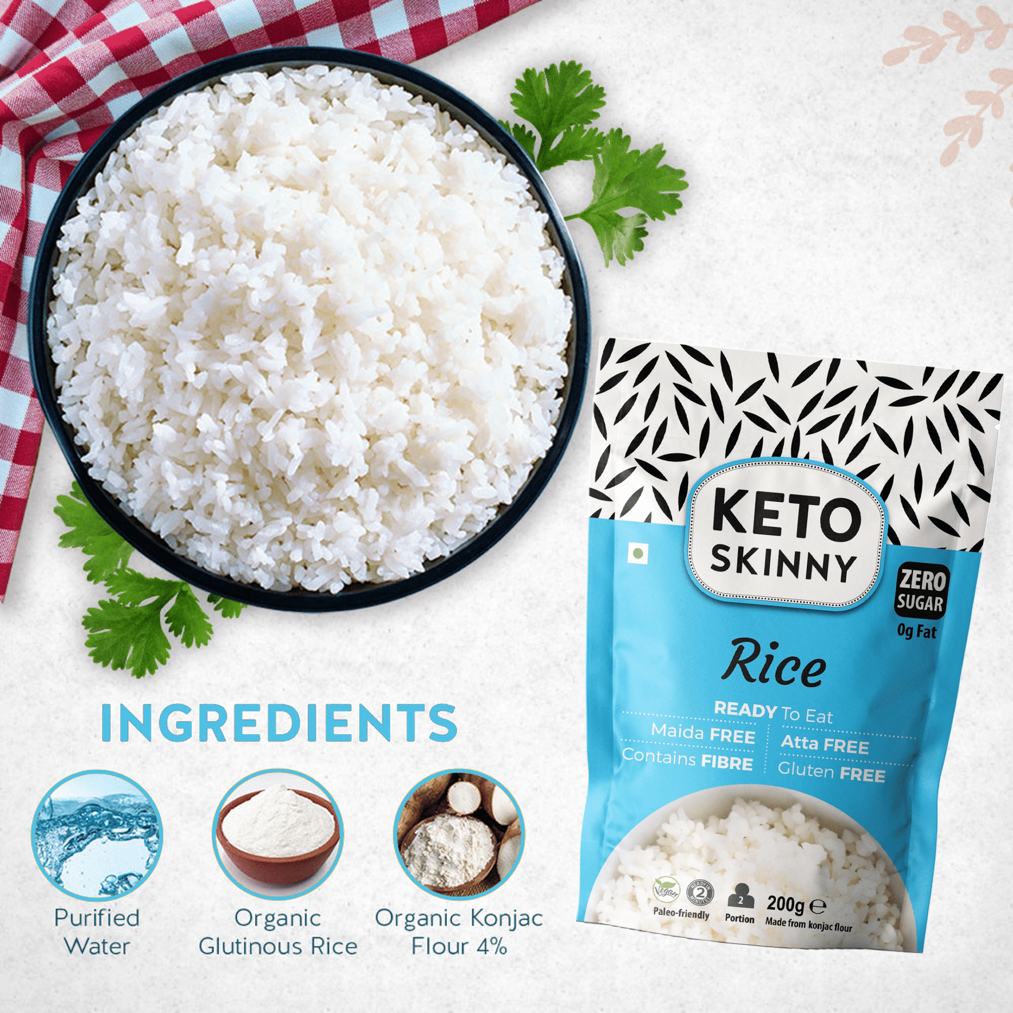Keto Skinny Organic Rice, 100% Natural, Low Carb, Low Calorie, Zero Fat, Zero Sugar, Ready to Eat, Gluten Free 270gm