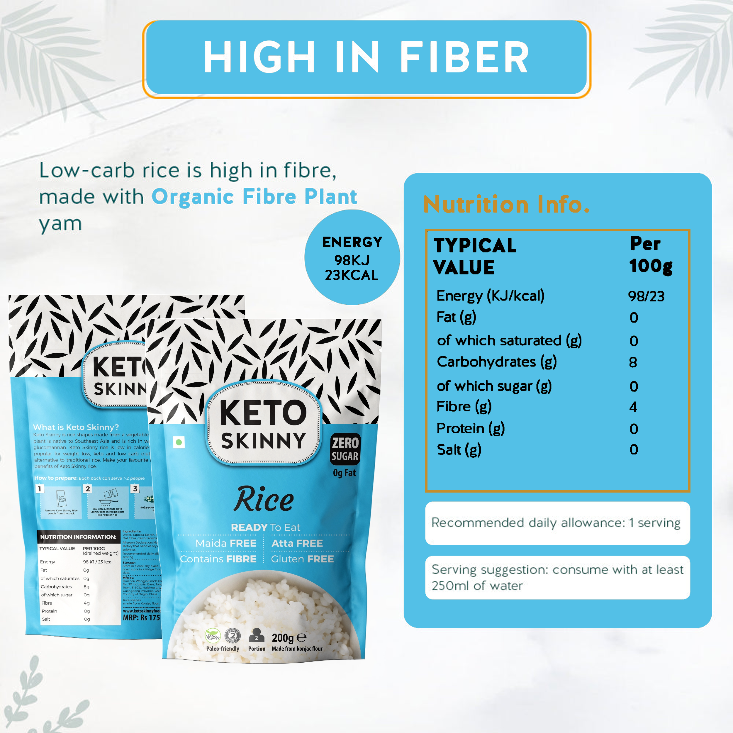 Keto Skinny Organic Rice, 100% Natural, Low Carb, Low Calorie, Zero Fat, Zero Sugar, Ready to Eat, Gluten Free 270gm