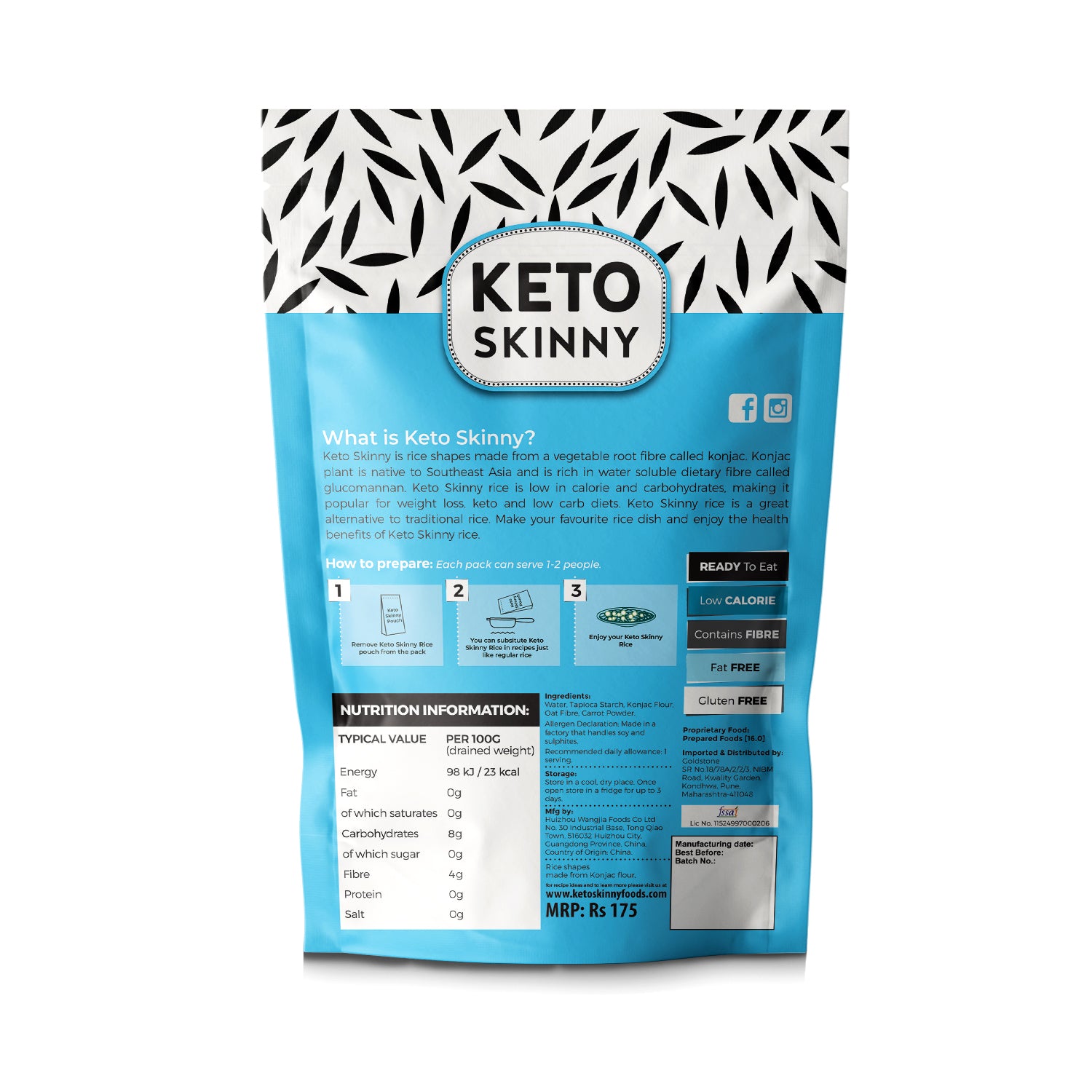 Keto Skinny Organic Rice, 100% Natural, Low Carb, Low Calorie, Zero Fat, Zero Sugar, Ready to Eat, Gluten Free 270gm